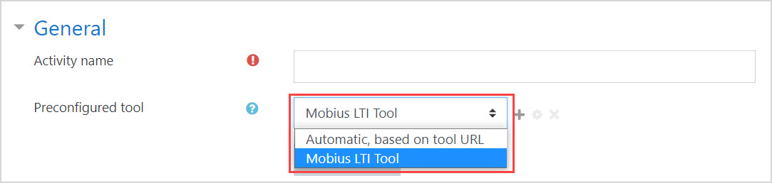 Preconfigured Tool Moodle The Mobius LTI Tool is highlighted in the dropdown list next to Preconfigured tool heading.